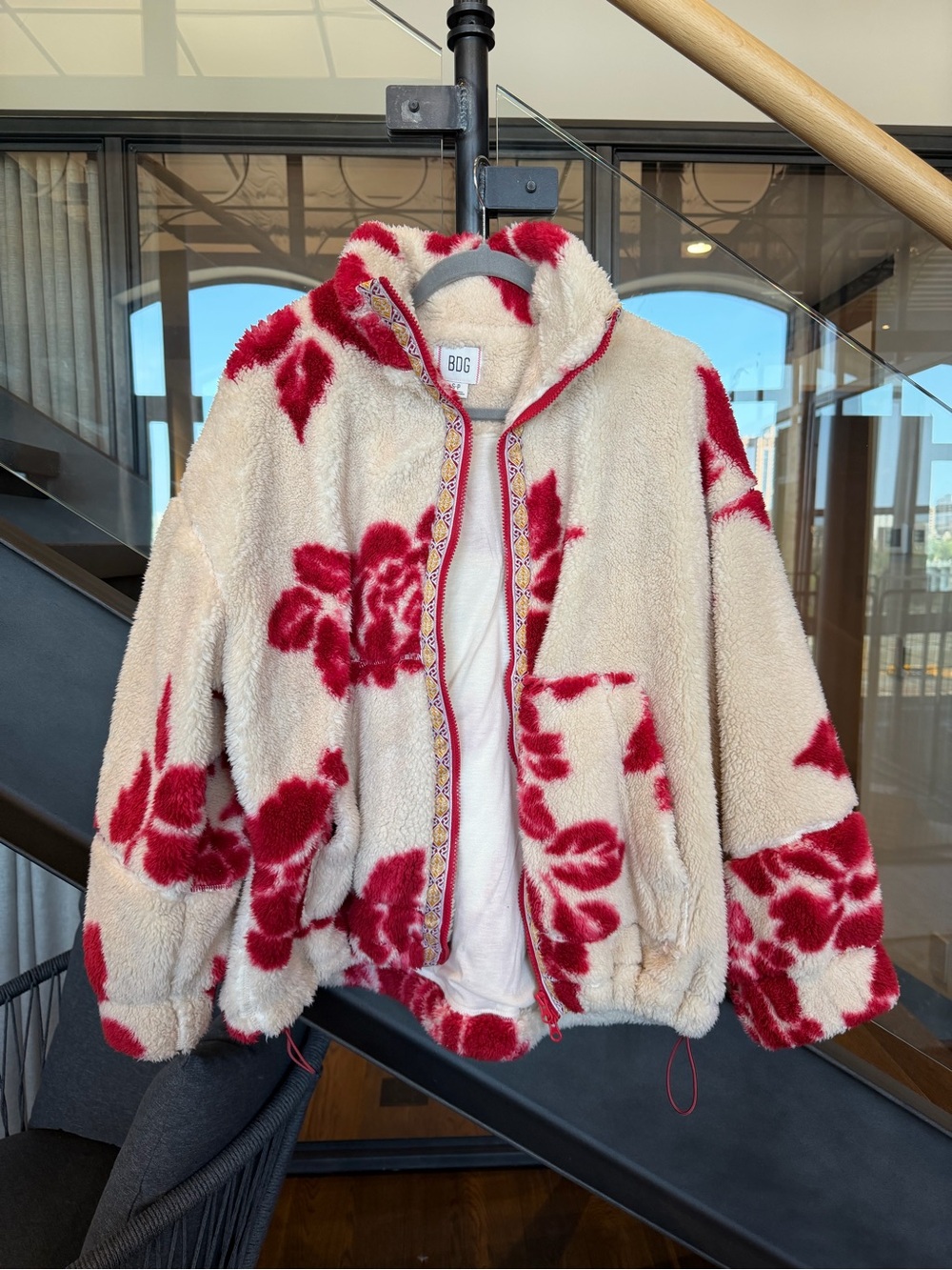 Urban Outfitters Cream Sherpa Teddy Jacket with Red Floral - Picture 2 of 7